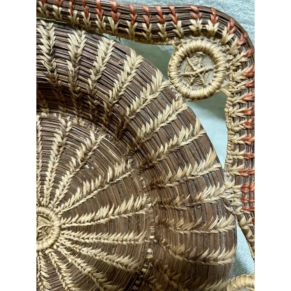 Vtg Coiled Pine Needle Basket 6 Sided Sunburst Scalloped Hexagonal Rim 3 Tone